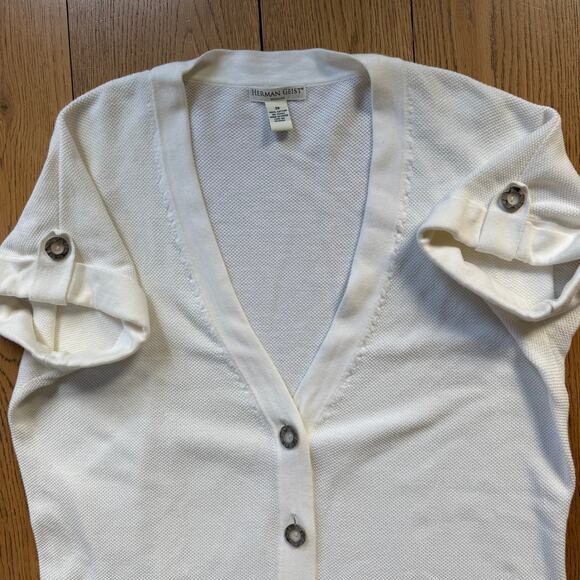 Herman Geist Woman Long Line Waffle Knit Cardigan SZ 3X Short Sleeve Cream Class - Picture 8 of 8